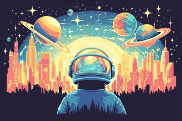 Wall Mural - astronaut gazing at cityscape and planets in space
