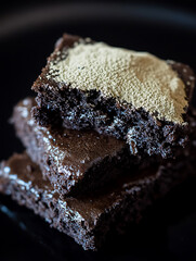 Wall Mural - Stacked chocolate brownies on a dark surface one brownie topped with a light-colored powder.