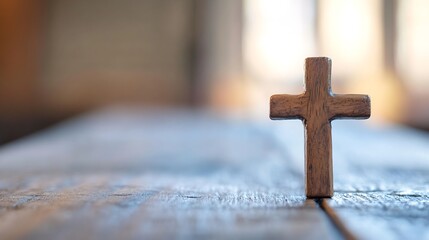 Poster - Wooden cross symbolizing faith and spirituality set against a soft blurred background : Generative AI