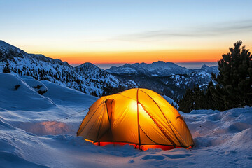 Aufkleber - Lone illuminated tent in snowy mountain landscape at dusk. Generative AI