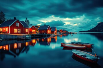 Poster - Charming Scandinavian village by the water with lit houses and boats during twilight hours. Generative AI
