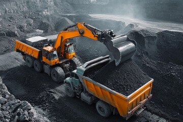 Poster - Coal mining operations with excavator and dump truck in pit. Generative AI
