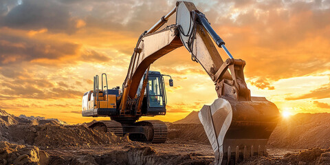 Aufkleber - Excavator works in golden hour light on construction site. Generative AI