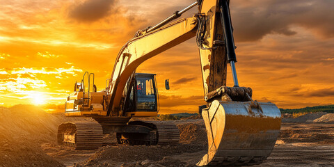 Poster - Excavator working during golden hour at construction site. Generative AI