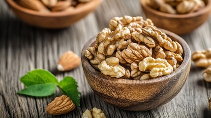 Poster - Nut assortment featuring fresh walnut kernels on rustic wooden table set among almonds and green leaves for healthy snacking : Generative AI