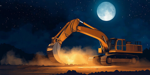 Poster - Hydraulic excavator works at night under a full moon. Generative AI