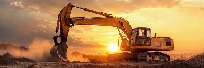 Poster - Hydraulic excavator working at dusty site during sunset. Generative AI