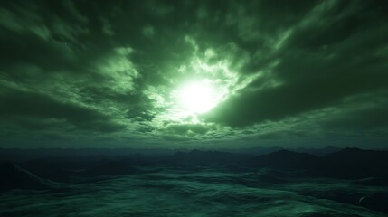 Aufkleber - Otherworldly green twilight scene with dramatic clouds and a glowing sky above the mountains : Generative AI