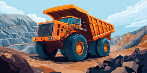 Poster - Massive orange haul truck operating in open pit mine. Generative AI