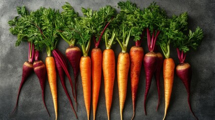 Wall Mural - A bunch of fresh carrots with vibrant green tops. They are raw and appear crisp, indicating good quality for sale or consumption.