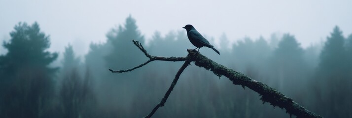 Fototapete - Lone bird perched on a dead tree branch in a misty forest during early morning light. Generative AI