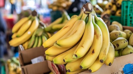 Poster - Fresh bunch of ripe bananas displayed in a vibrant marketplace capturing the essence of healthy living : Generative AI