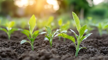 Aufkleber - Fresh green seedlings sprouting from rich soil under warm sunlight in a garden area : Generative AI