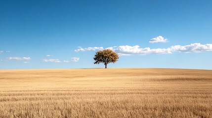 Aufkleber - Lone tree on a golden field under a bright blue sky representing nature's beauty : Generative AI