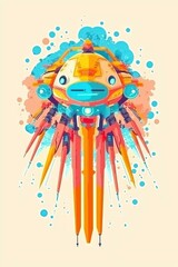 Wall Mural - whimsical robot spaceship in a colorful abstract burst