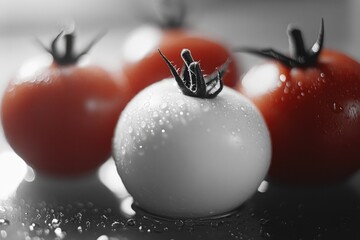 Wall Mural - A close-up of several ripe tomatoes on a table, showcasing their vibrant color and natural texture. A single unripe tomato stands out among them.