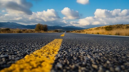 Aufkleber - Wide Open Scenic Road with Yellow Dotted Line Under Dramatic Cloudy Sky : Generative AI