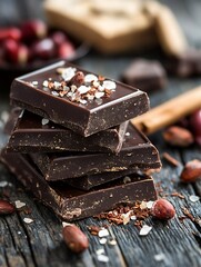 Poster - Close up of dark chocolate pieces stacked on a wooden table with salt and nuts for a rich culinary experience : Generative AI