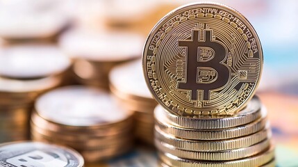 Fototapete - Stack of golden bitcoins showcasing cryptocurrency investment and digital finance trends : Generative AI