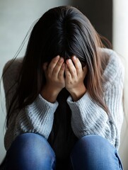Poster - Young woman covering her face in distress with long hair touching her shoulders : Generative AI