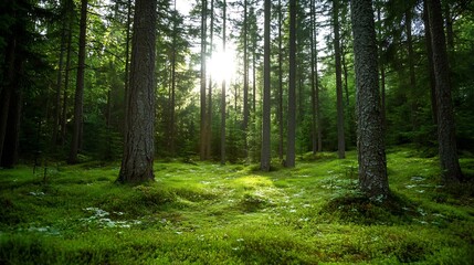 Poster - Tranquil forest scene with tall trees and sunlight filtering through the foliage illuminating the green moss below : Generative AI