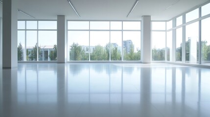 Leinwandbilder - Bright and airy modern interior of an empty space with large windows offering a view of greenery outside : Generative AI