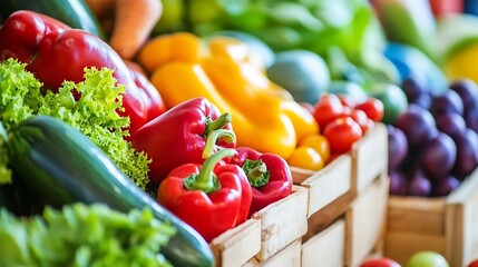 Poster - Vibrant and fresh assortment of farm vegetables in baskets at a local market : Generative AI