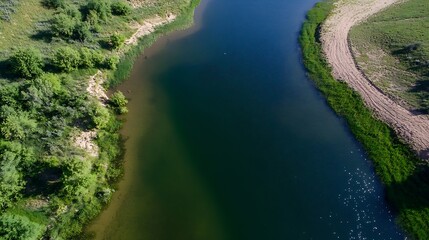 Poster - Aerial View of Serene River Curving Through Lush Green Landscape on a Sunny Day : Generative AI