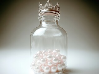 Beautiful glass vial filled with pearls and adorned with a crown showcasing elegance and craftsmanship in a modern design