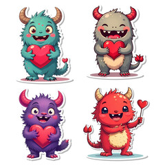 Poster - Illustration Valentine's Day stickers cute monsters cartoon characters collection isolated on transparent background, PNG file add