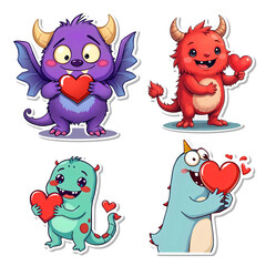Poster - Illustration Valentine's Day stickers cute monsters cartoon characters collection isolated on transparent background, PNG file add