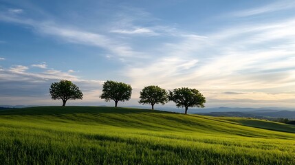 Wall Mural - Four lush trees standing proudly on a green hill under a blue sky with scattered clouds : Generative AI