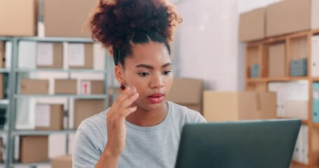 Poster - Laptop, logistics and stress with black woman in office for management of delivery or distribution schedule. Box, computer and problem solving with employee in supply chain depot for backlog or delay