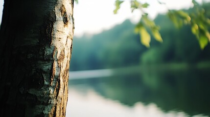 Fototapete - Closeup of a Tree Trunk Overlooking a Peaceful Lake Reflecting Soft Light from the Surrounding Nature : Generative AI