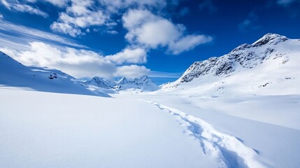 Poster - Expansive snowy landscape under a bright blue sky showcasing stunning winter scenery : Generative AI