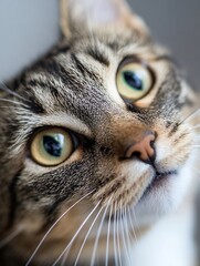 Poster - Closeup portrait of a curious tabby cat showcasing its striking green eyes and whiskers : Generative AI