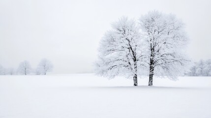 Poster - Serene Winter Landscape with SnowCovered Trees and a Bleak White Sky : Generative AI