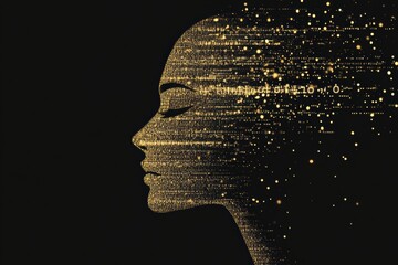 Aufkleber - Human face outline transforming into binary code with flowing data in futuristic AI representation. Generative AI