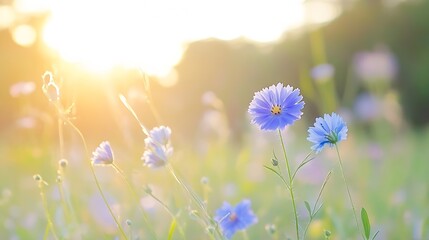 Poster - Beautiful field of delicate blue flowers illuminated by bright sunlight in a serene natural setting : Generative AI