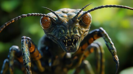 Fierce insect close-up with sharp mandibles and intense eyes in natural habitat