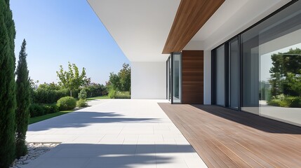 Aufkleber - Modern minimalist architecture with an open terrace and beautiful garden view on a sunny day : Generative AI