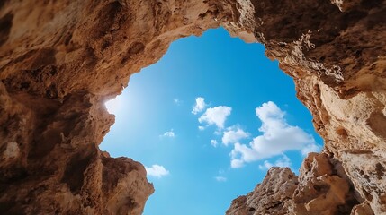 Poster - View from inside a rocky cave opening revealing bright blue sky and fluffy clouds : Generative AI