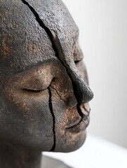 Poster - A closeup of an artisan clay sculpture of a human face showing cracks and an expressive serene expression : Generative AI