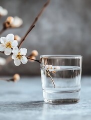 Poster - Elegant glass of water with delicate white flowers artfully arranged in a serene indoor setting : Generative AI