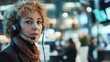 © Daiki - A middle-aged European woman with curly hair wears a headset in a customer service environment. Her serious expression reflects professionalism and focus in a bustling workplace.