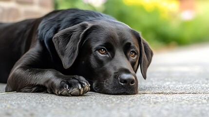 Aufkleber - Relaxed black Labrador laying on the ground looking thoughtful in a vibrant green garden : Generative AI