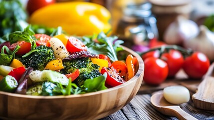 Aufkleber - Vibrant fresh vegetable salad in a wooden bowl on a rustic table with colorful ingredients : Generative AI