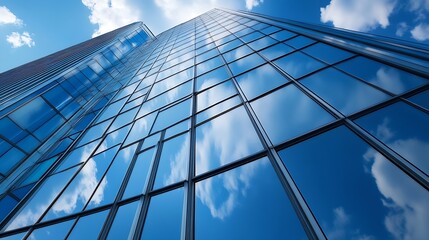 Aufkleber - Modern Skyscraper Reflecting Beautiful Blue Sky and Clouds with Glass Window Facade : Generative AI