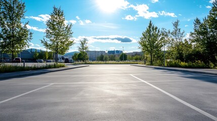 Fototapete - Empty parking lot bathed in sunlight with clear blue sky and green trees on the edge of the area : Generative AI