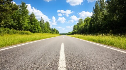 Poster - Wide Open Road Surrounded by Lush Green Vegetation Under a Bright Blue Sky with Fluffy Clouds : Generative AI